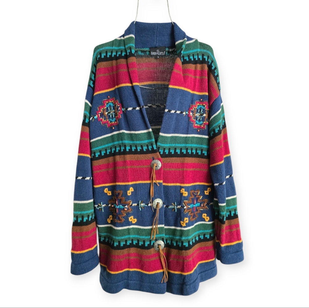 Carole Little Vintage Southwestern Style Patterned‎ Knit Cardigan Sweater Size S